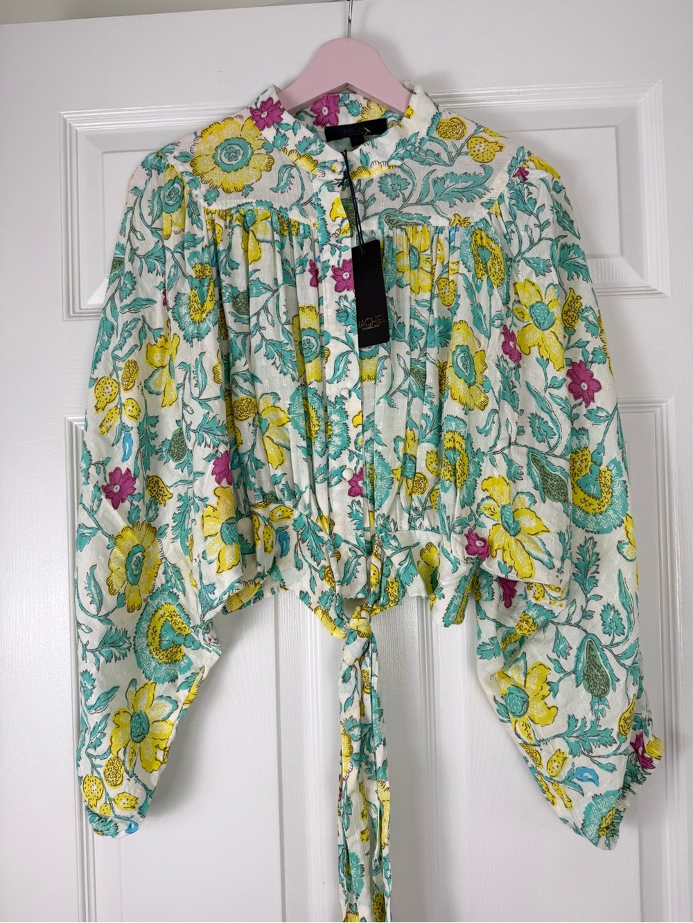 NWT RACHEL Rachel Roy Floral Tie-Front Cropped Blouse Yellow, Teal, Pink Accents